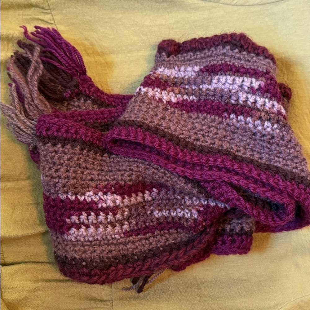Artisan Crocheted Striped Scarf Burgundy Maroon Tan Olive